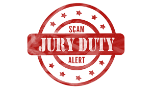 A red circle stamp with stars wand the words "Jury Duty Scam Alert."