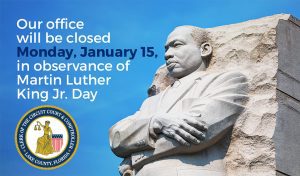 A statue of Dr. Martin Luther King, Jr. carved in stone and the words, "Our office will be closed Monday, January 15, in observance of Martin Luther King Jr. Day."