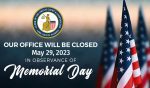 A sunset in the background, with three American flags and the words "Our office will be closed May 29, 2023 in observance of Memorial Day."
