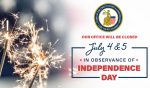 Celebratory firework sparklers are burning with an American Flag in the background and the words, "Our Office will be closed July 4 & 5 in observance of Independence Day."