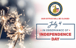 Celebratory firework sparklers are burning with an American Flag in the background and the words, "Our Office will be closed July 4 in observance of Independence Day."