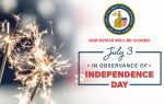 Celebratory firework sparklers are burning with an American Flag in the background and the words, "Our Office will be closed July 3 in observance of Independence Day."